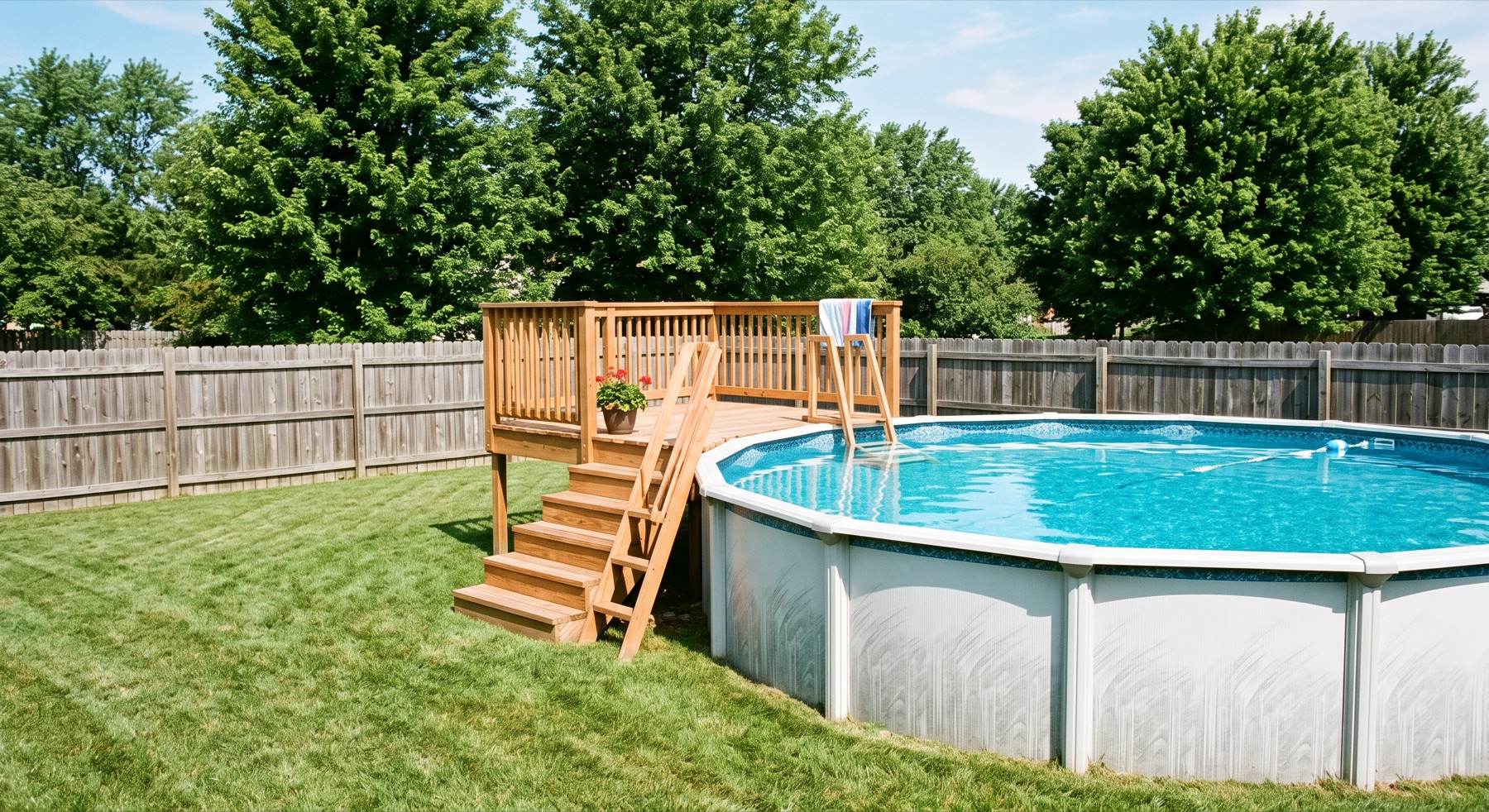 Above-ground pool with deck and clear water in a Cincinnati backyard