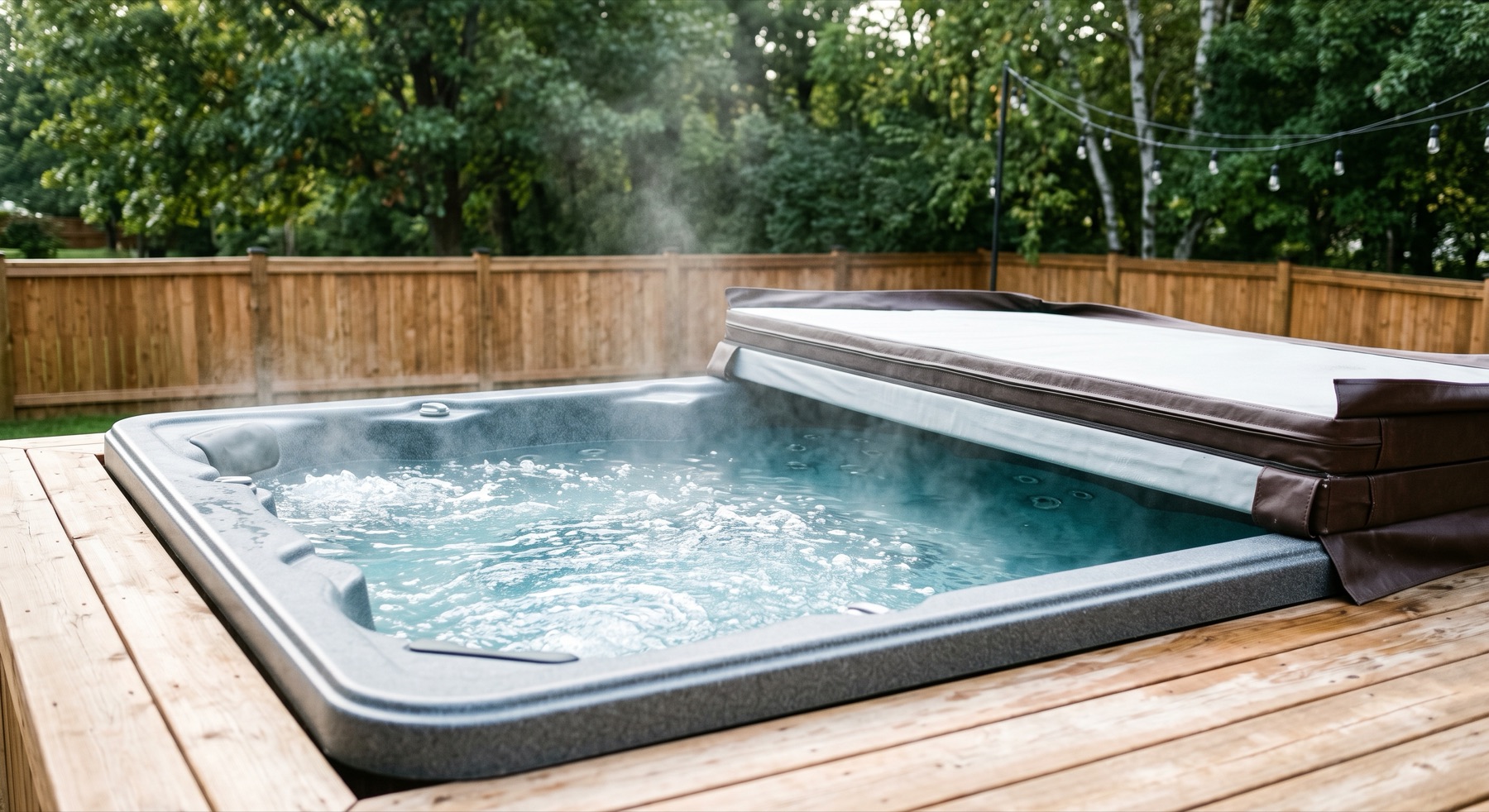 Steaming hot tub with clear water on a backyard deck in Cincinnati